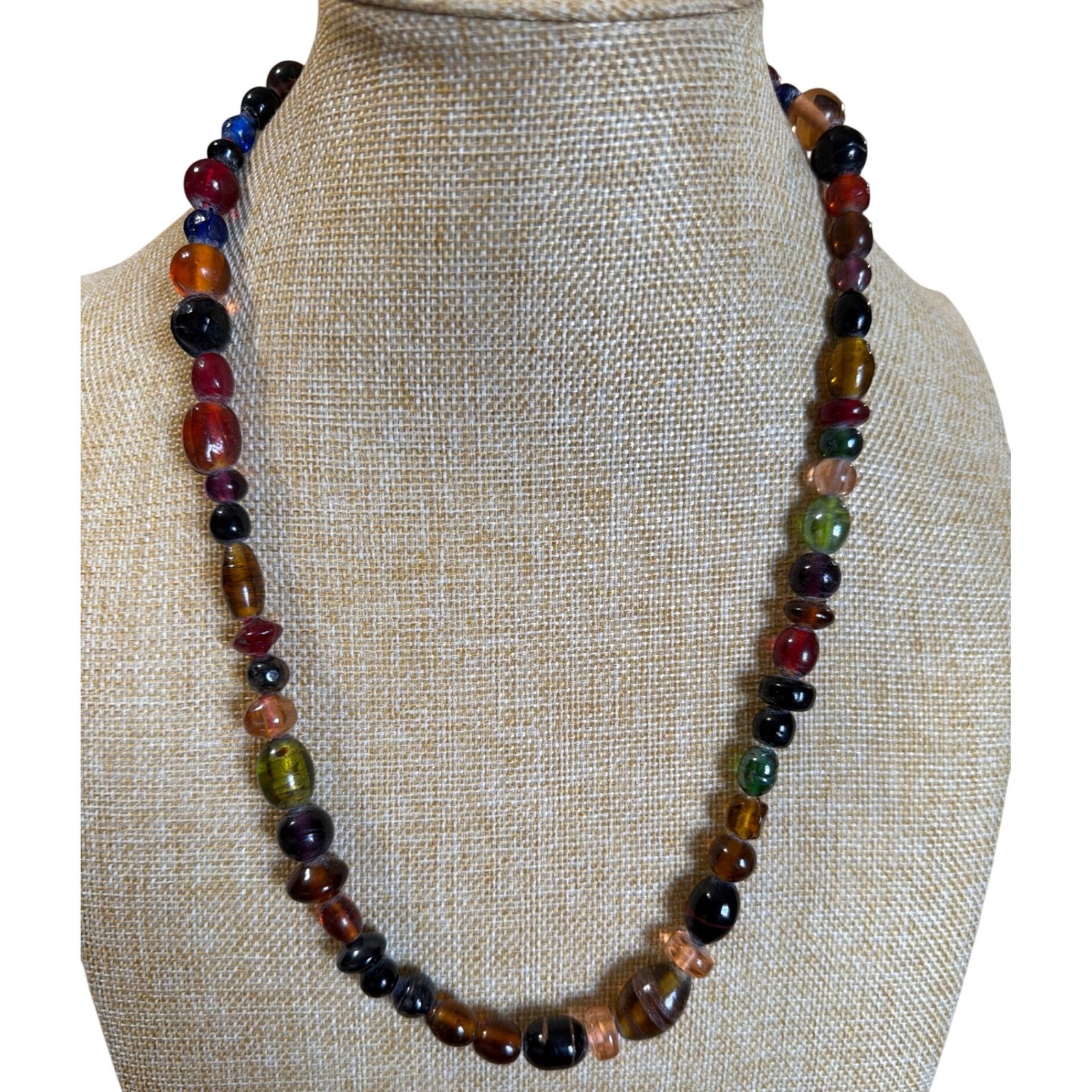 Multi Color Glass Bead Artisan Necklace Earth Tones Gold Tone Lobster Clasp